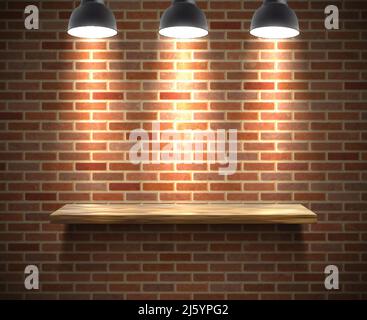 Realistic wooden empty shelf illustration on a brick wall under the spotlight with shadow vector illustration Stock Vector