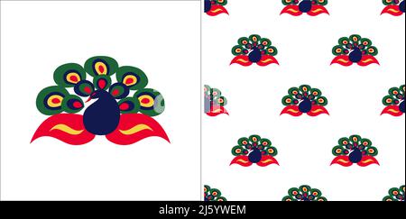 Indian traditional and Cultural Rangoli design concept of colourful peacock isolated on white background is in Seamless pattern - vector illustration Stock Vector