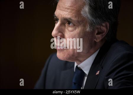 Washington, United States. 26th Apr, 2022. Secretary of State Antony Blinken testifies before the Senate Foreign Relations Committee during a review of the fiscal year 2023 State Department budget request, on Capitol Hill in Washington DC, on Tuesday April 26, 2022. Pool photo by Al Drago/UPI Credit: UPI/Alamy Live News Stock Photo