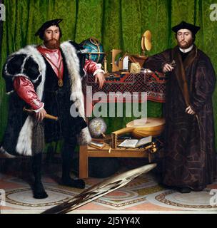 The Ambassadors (Jean de Dinteville and Georges de Selve) by Hans Holbein the Younger (1497/8-1543), oil on oak, 1533. The painting shows the Cosmati Pavement in Westminster Abbey. Stock Photo