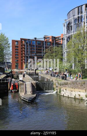 St Pancras Lock on Regents Canal by the Gasholders at Kings Cross, in north London, UK Stock Photo
