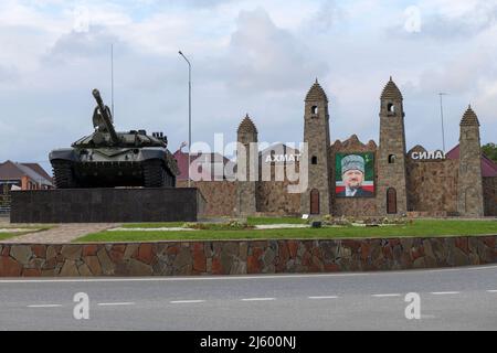 SHALI, RUSSIA - SEPTEMBER 29, 2021: Monument in memory of Chechens who participated in the Great Patriotic War on a cloudy September morning Stock Photo