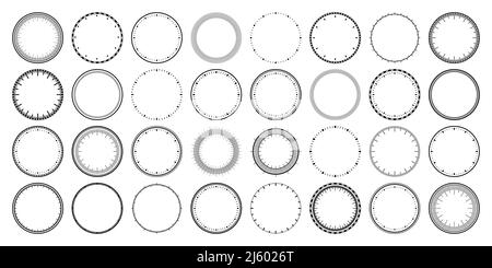 Mechanical clock faces, bezel. Watch dial with minute and hour marks. Timer or stopwatch element. Blank measuring circle scale with divisions. Vector Stock Vector