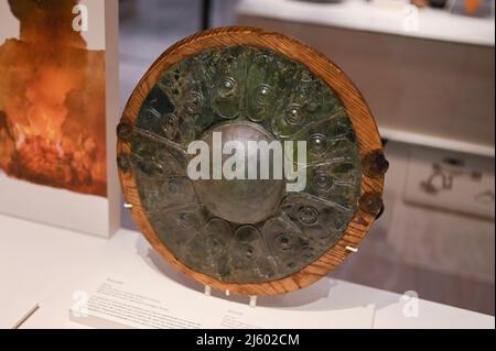 Bronze shield, Early Iron Age, Early Celtiberian Culture. Necropolis of El Cuarto Grave 3, Teruel.   The National Archaeological Museum (MAN), which h Stock Photo