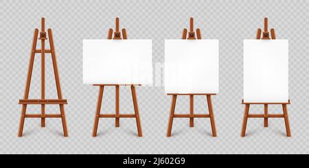 Realistic paint desk with blank white canvas. Wooden easel and a sheet of drawing paper. Presentation board on a tripod. Artwork mockup, template Stock Vector
