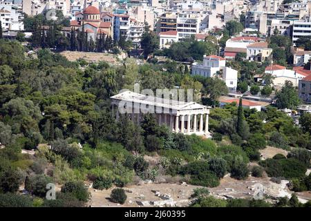 Hephaestus Temple from Acropolis in Athens, Greece. It is a Doric peripteral temple, and is located at the north-west side of the Athens. Stock Photo
