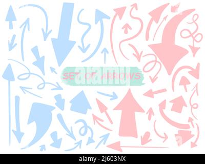 Vector hand drawn arrows icons. Large collection of blue and pink pointers. Stock Vector