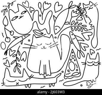 Vector Set of cats and Doodle elements. Funny hand drawn cats. Animals vector illustration with adorable kittens. Stock Vector
