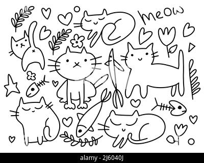 Vector Set of cats and Doodle elements. Funny hand drawn cats. Animals vector illustration with adorable kittens. Stock Vector