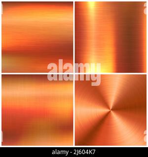 Realistic copper banners collection. Brushed stainless steel plate. Polished metal surface. Scratched industrial texture, metal background. Vector Stock Vector