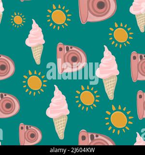 Colorful seamless summer pattern with hand drawn beach elements. Stock Vector