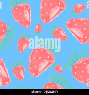 Vector Seamless pattern with pink strawberries in boho style. Background with summer berries painted in watercolor on blue. Stock Vector