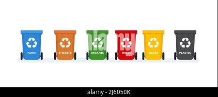 Waste segregation. Sorting garbage by material and type in colored trash cans. Waste utilization and ecology save concept. Eps 10 Stock Vector