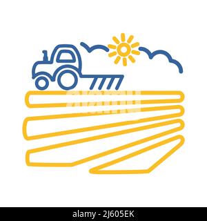 The tractor plows the field before sowing icon. Spring or autumn field work. Agriculture sign. Graph symbol for your web site design, logo, app, UI. V Stock Vector