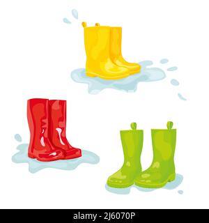 Set of colorful rubber boots in puddle of water Stock Vector