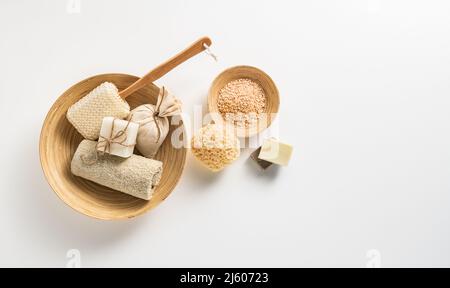 Bathroom accessories on white background with space for text and graphics. Stock Photo