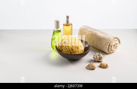 Bathroom accessories with oil and perfume Stock Photo