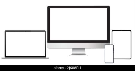 Devices mock up template. Desktop, laptop, tablet and smartphone realistic design. Stock Vector