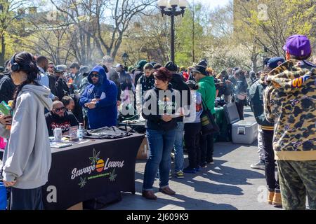 Savage Leaves, a marijuana delivery service solicits customers.ÒPotrepreneursÓ flock to Washington Square Park in New York on Wednesday, April 20, 2022 to sell their marijuana related wares and to celebrate Ò4/20Ó, the unofficial cannabis holiday. New York legalized marijuana in 2021. (© Richard B. Levine) Stock Photo