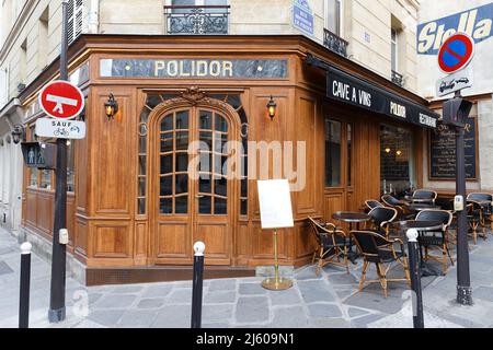 Paris, France-April 25 , 2022 : Restaurant Polidor at rue Monsieur de Prince opened in 1845 . Close by is the Sorbonne. Patrons of this restaurant hav Stock Photo