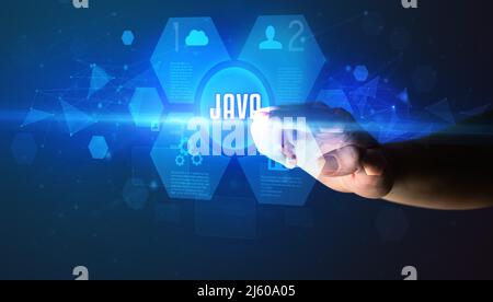 Hand touching digital button concept Stock Photo