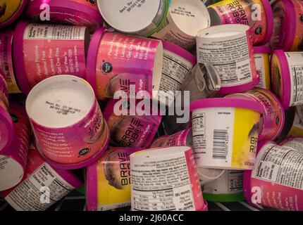 Pints of Brave robot vegan plant-based “ice cream” in a freezer on Friday, April 22, 2022. (© Richard B. Levine) Stock Photo