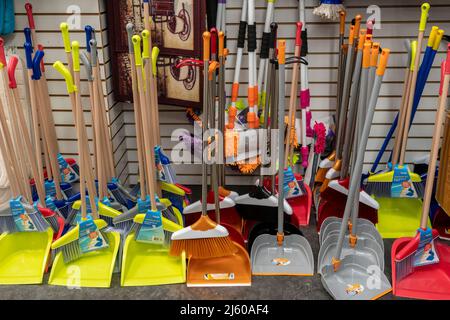 Cleaning supplies and tools on shelves and cabinets in pantry room Stock  Photo - Alamy
