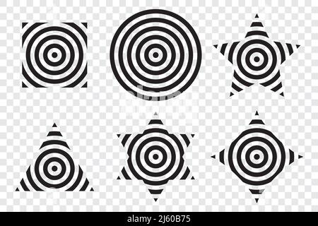 Abstract design contain geometric shapes with concentric circles. There are: square, triangle, round,  star and ect. Stock Vector