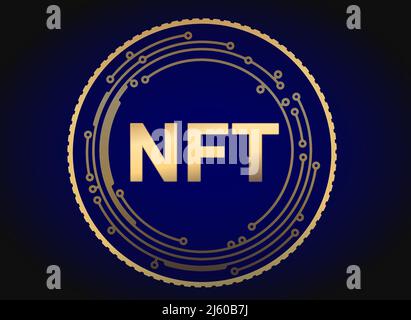Golden coin cryptocurrency NFT sign with circle pcb electronic element for your design. Stock Vector