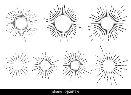 Set of seven vintage sunburst, sun rays, sunbeams, vector design elements for your design Stock Vector