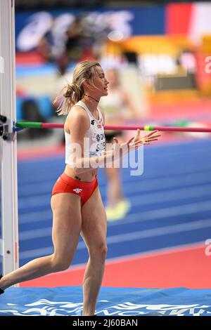 Adrianna Sulek participating in the Belgrade 2022 World Indoor Championships in the High Jump of the Pentathlon. Stock Photo