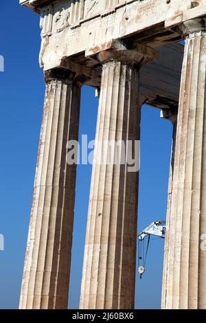 Acropolis Parthenon Temple detail in Athens, Greece. Acropolis is an ancient citadel located on a rocky outcrop above the city of Athens. Stock Photo