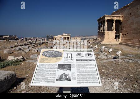 Information board behind Acropolis Erechtheion Temple and Propylaea in Athens, Greece. Stock Photo
