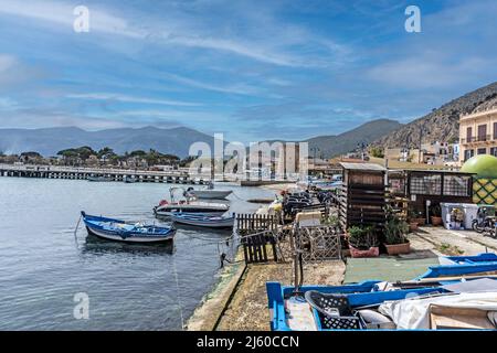 Italy, Sicily, Mondello. Wooden fishing boats in harbor