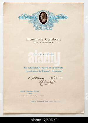 1950s Pitmans Shorthand Speed Certificate Stock Photo