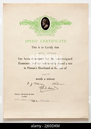 1950s Pitmans Shorthand Speed Certificate Stock Photo