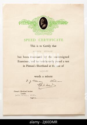 1950s Pitmans Shorthand Speed Certificate Stock Photo