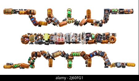 Transformer electronic symbol including two inductor icons isolated on a white background. Pictogram for common circuit diagram. Magnetic core coils. Stock Photo