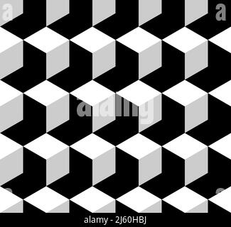 Cube shape black and white seamless vector pattern. Abstract geometrical background with isometric blocks. Stock Vector