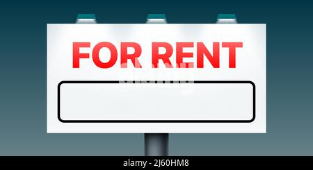 For Rent billboard with empty space for text or telephone number placement, on a night sky background, vector illustration. Stock Vector