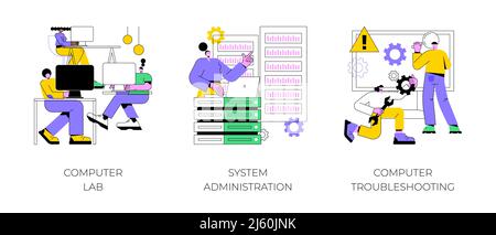 Computers and software abstract concept vector illustration set. Computer lab, system administration, troubleshooting, information technology, network upkeeping, operating system abstract metaphor. Stock Vector