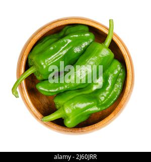 Raw Padron peppers, also called Herbon peppers, in a wooden bowl. Variety of Capsicum annuum from the municipality of Padron in northwestern Spain. Stock Photo