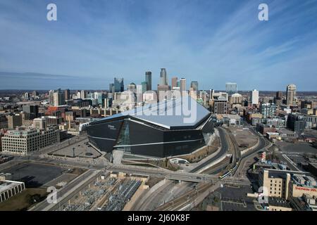 An aerial view of US Bank Stadium, the home of the Minnesota Vikings, Sunday, Apr. 3, 2022, in Minneapolis. Stock Photo