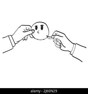 line art closeup hand of businessman holding face with smile illustration vector hand drawn isolated on white background Stock Vector