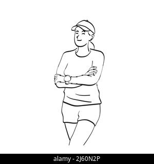 line art half length of woman taking compact camera illustration vector ...