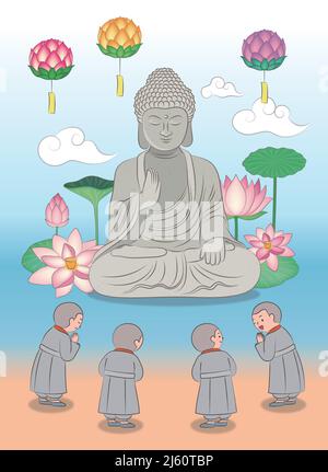 Buddha's birthday Buddha statue and young boy monks celebrating vector illustration Stock Vector