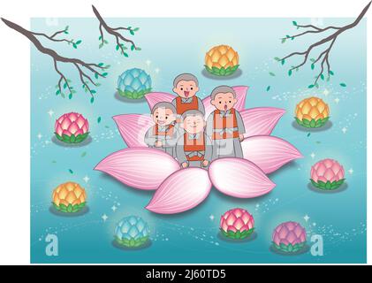 Buddha's Birthday Vector illustration of monks on lotus Stock Vector