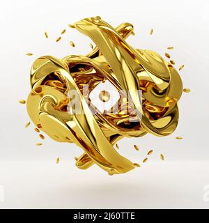 Abstract art 3d sculpture with gold flower in curve wavy spherical biological lines with small gold ball isolated on white background, Gold texture, 3 Stock Photo