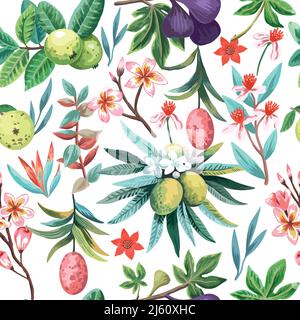 Seamless pattern with exotic tropical plants, fruits and flowers. Tropical paradise colorful print for design and textile Stock Vector