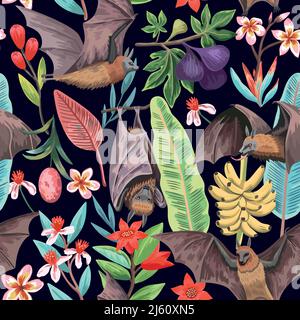 Seamless pattern with exotic tropical fruits , flowers and cute flying foxes, fruit bats. Tropical paradise colorful original print Stock Vector